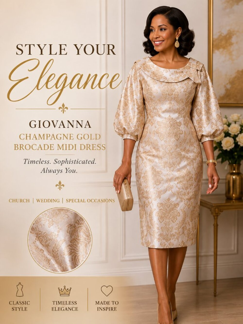Giovanna Champagne Gold Brocade Midi Dress Size 12 | Church Wedding Formal